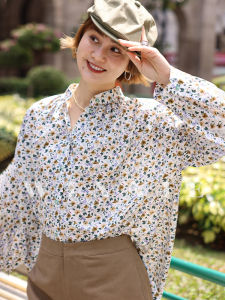 Romantic Floral Print Stand Collar Gathered Sleeve Bubble Sleeve Seven Quarter Sleeve Shoulder Casual Loose Slimming Shirt