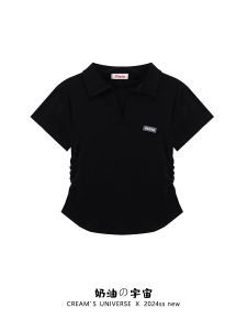 Áo Thun Tay Ngắn Cổ Polo Màu Đen Đơn Giản Cho Nữ Mùa Hè 2025 Áo Thun Cotton Thoáng Khí Thoải Mái Thường Ngày