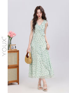 YOUXIANG | Đầm Hè Dây Kéo Chấm Bi Xanh Mát Phong Cách Pháp