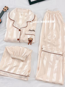 ชุดนอนผ้าไหมน้ำแข็งสำหรับผู้หญิง ชุดสามชิ้น ผ้าไหมเทียมบาง ฤดูร้อน 2025 ชุดอยู่บ้านแบบใหม่ ชุดนอนลายหมีสีนม