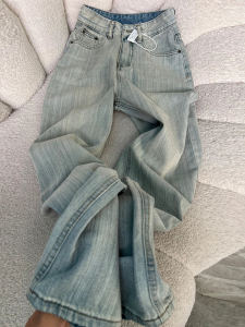 Tall Extended Version Retro Washed Worn Jeans Female Loose Slim Looking High Waist Straight-leg Mop Wide-Leg Pants