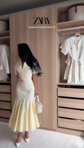 Elegant Solid Womens Dress V-Neck Short Sleeve Pleated Waist-Closed Hip Package Maxi Dresses 2026 Summer Female Vacation Robe