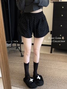 กางเกงขาสั้นทรงหลวมเอวสูงสีดำ แฟชั่นลำลองสำหรับผู้หญิง กางเกงขายาวทรงหลวมสำหรับฤดูร้อน ปักเพชร ดีไซน์เรียบง่าย