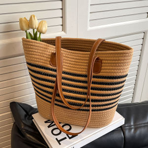 Beachy Bohemian Large Capacity Straw Woven Tote Bag Womens Single Shoulder Basket Bag Travel Beach Handbag Soft Fabric