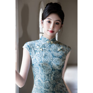 New Chinese Style Silk Velvet Printed Blue Qipao