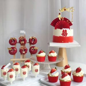 สติกเกอร์ตกแต่งขวดพุดดิ้งสำหรับใส่เค้กตัวอักษรไฮโซสำหรับตกแต่งธีมของหวานในงานแต่งงานสีแดง