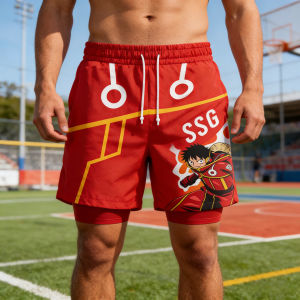 Bandai | 2026 Bandai Luffy Egghead V2 Anime One Piece Mens Double Layer Fake Two Piece Shorts Gym Workout Shorts Summer Quick-dry Casual