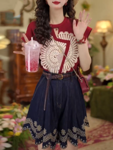 Shalldoer | Retro Hong Kong Style Womens Lace Patchwork Short Sleeve Shirt And Embroidered Denim Shorts Two-Piece Set Summer Collection