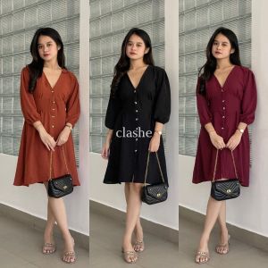 Dress Gaun Kancing Wanita Dewasa Crinkle Airflow Anti Lecek Korean Style Terbaru Kekinian Ootd Sheilla Dress by Clashe