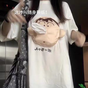 Funny Short Sleeve 3D Dumb Cartoon T-Shirt with Paper Towel Womens Cotton Base Shirt for Couples Casual Style Summer Wear