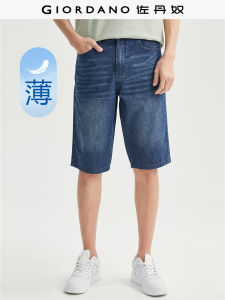 Giordano Mens Summer Thin Cotton Denim Shorts Straight Leg Five Pocket Design Cat Whisker Treatment mid Waist Zipper Fly