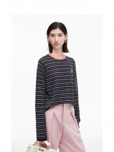 Color Block Striped Long Sleeve T-Shirt Women Loose Autumn New Style