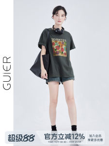 Guer Womens Short Sleeve T-Shirt Artistic Oil Painting Print Tight Cotton Plain Weave Slimming Top Summer Fashion round Neck