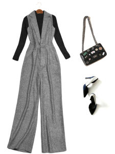 Gray Suit Vest Womens High Waist Wide Leg Pants Jumpsuit Korean Style Fashionable Elegant Trousers for Ladies