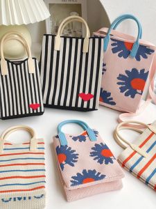 Striped Knitted Mobile Phone Bag Small Square Foldable Single Shoulder Accordion Womens Shopping Bag Spring Autumn Korean Style