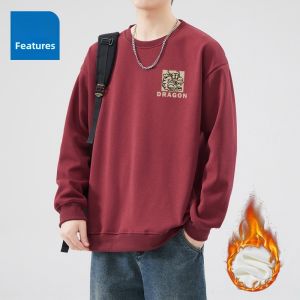Jeanswest Mens Fleece Lined Hoodie round Neck Dragon Year Trendy Red T-Shirt Autumn Winter Collection Casual Loose Fit Printed Sweatshirt