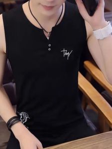 เสื้อกั๊กแขนกุดคอวีผ้าฝ้ายแท้สำหรับผู้ชาย ฤดูร้อน เสื้อยืดพิมพ์ลายปะติดปะต่อกัน คอวี กระดุม สปอร์ต เสื้อชั้นในแบบลำลอง