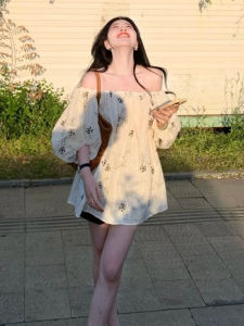 BINKAFENNY | Plus Size Floral Print One Shoulder Bubble Sleeve Shirt Womens Loose Slimming Summer Top Korean Style Straight Cut Commute Wind