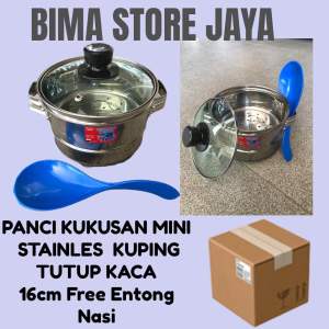 PANCI KUKUS HENDLE KUPING 16cm STAINLES TUTUP KACA FREE ENTONG NASI