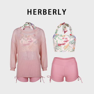 Herberly Womens Conservative Three-Piece Swimsuit Bikini Set Slimming Tummy Cover-Up Swimwear round Neck Flat-Bottomed Pants