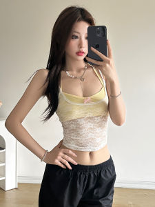 เสื้อกั๊กลูกไม้รัดรูปสองชิ้นสำหรับผู้หญิง ทรงเข้ารูป เสื้อผ้าทำงานฤดูร้อน แขนกุด คอวี ลายผีเสื้อ แฟชั่นสตรีท ใส่สบาย