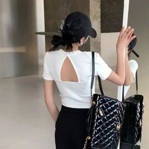 Pure Desire Design Shoulder T-Shirt Women Short Sleeve Summer Slim Fit Backless Elegant Korean Style Spicy Girl Top Trendy