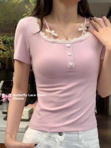 Miiow | Pink Butterfly Lace Splice Short Sleeve Womens Summer Top Tencel Pure Desire Shoulder MiiOW Cat Person Breathable Moisture Wicking Slim Fit