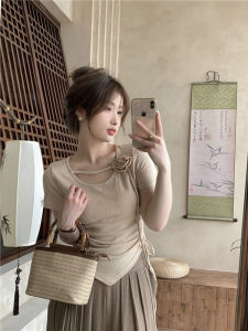 Áo Thun Nữ Tay Ngắn Thiết Kế Kiểu Pháp Ôm Vừa Vặn Có Dây Rút Không Đều Thời Trang Mùa Hè 2024 Áo Thun Cổ Tròn Màu Trơn