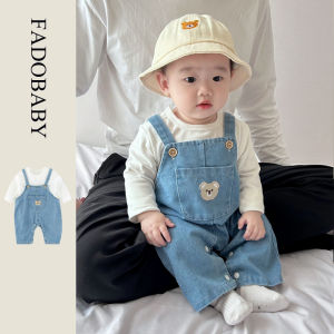 ชุดเด็กผ้าฝ้ายผสมสไตล์เกาหลีฤดูใบไม้ร่วงสำหรับเด็กชาย ชุดกางเกงยีนส์แขนกุดลายหมี ชุดว่ายน้ำลำลอง ชุดสองชิ้น