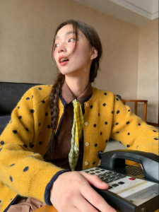 NIHAOKANONG | Áo Cardigan Len Hình Chấm và Jacquard Giả hai mảnh