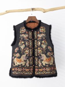 New Chinese Style Cotton Lined Vest Womens Song Silk Satin Patchwork Mink Fur National Style Embroidery Jacket Outerwear Winter