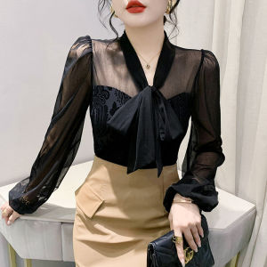 Summer Mesh Splice Lantern Sleeve T-Shirt Womens Fashionable Slimming Top Korean Style V-neck Pure Color Long Sleeve Shirt