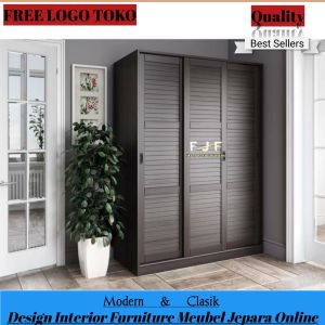 Lemari Pakaian Pintu 3 Sliding Minimalis Kayu Jati Tua ( Pre Order )