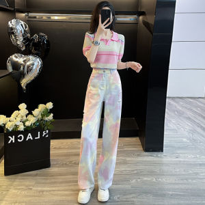 ทันสมัย ถัก ลำลอง สวม ผู้หญิง ฤดูร้อน ระบายอากาศได้ดี ผ้าฝ้าย แขนสั้น เสื้อท่อนบน ขากว้าง กางเกงยีนส์ ชุดสองชิ้นใส่สบาย