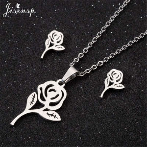 Romantic Rose Flower Pendant Necklace Earring Set for Women Stainless Steel Golden Jewelry Girls Valentines Day Necklaces Gifts