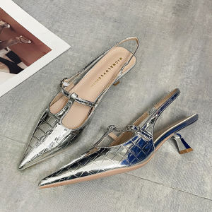 Fashionable Black Embossed Leather Sandals Womens mid Heel French Pointed Toe Elegantly Thin High Heels Open Toe Shoes