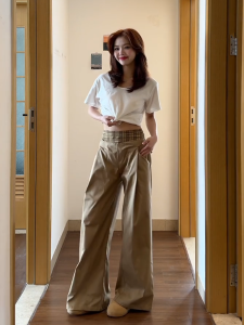 Quần Ống Rộng Kẻ Sọc Phong Cách Mỹ Cho Nữ Mùa Xuân Hè Quần Dài Thường Ngày Cạp Cao Rộng Rãi Thoải Mái