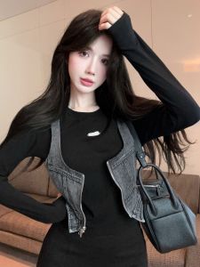 GUZILIAN | Fashionable Retro Sweet Cool Trendy Womens T-shirt Autumn Winter New Style European Design Sensation Spliced Denim Top