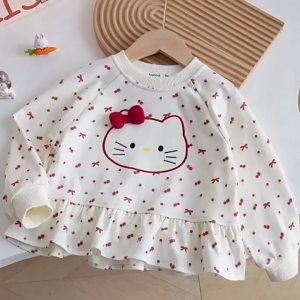 เสื้อสเวตเตอร์เด็กผู้หญิงแบบสวมหัวฤดูใบไม้ร่วง2025ใหม่น่ารักสไตล์ตะวันตกการ์ตูนแมวกระต่ายพิมพ์ลายดอกไม้กระโปรงด้านบน