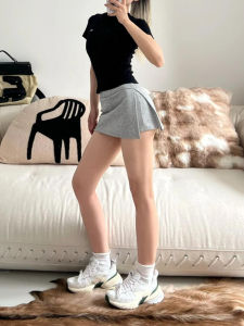 Váy Ngắn Thể Thao Cạp Cao Màu Xám Cỡ Lớn Cho Nữ Mùa Thu Dáng Quả Lê Váy Ngắn Bó Sát Quần Bó Váy Ngắn Quần Bó