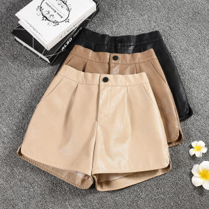 High Waist PU Leather Shorts Womens Autumn Winter Loose Elastic Waist Wide Leg A-Line Bootcut Pants Korean Style Commute Wind