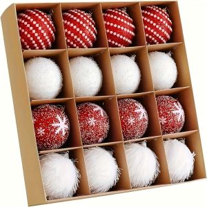 16pcs Luxury Christmas Tree Ornament Set - Handcrafted White Plush & Wired Balls for Festive Holiday Decor