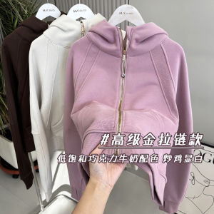 Fleece Lined Yoga Jacket Womens Short Sportswear Hooded Zipper Closure Comfortable Fit Long Sleeve Cotton Polyester Blend
