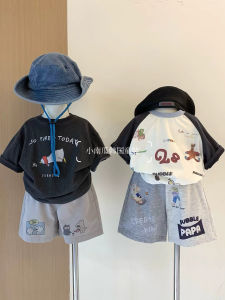 Boys Short Sleeve T-Shirt Cartoon Print Casual Color Block Summer New Style Childrens Fashionable Top Matching Cartoon Print Shorts