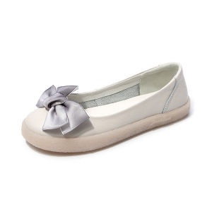 รองเท้าส้นแบนหนังแท้สวมใส่สบายสำหรับผู้หญิง ทรงหัวมน สไตล์ฤดูใบไม้ผลิและฤดูใบไม้ร่วง รองเท้าแบบสวมสไตล์เด็กเล็ก รองเท้าพื้นยาง