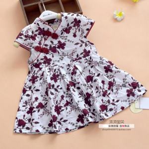 Shuaolu Summer New Thin Cotton Linen Dress for Girls Baby Vintage Floral Print Cheongsam Skirt Ethnic Style Short Sleeve Gown