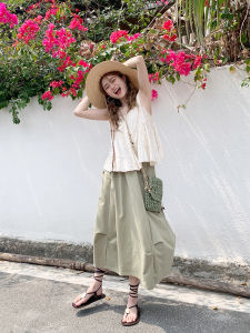 Pure Cotton Pleated Half Skirt with Belt High Waist Japanese Style Summer New Arrival Q464 Meter Apricot Color Floral Pattern