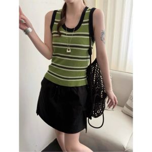 YUEZHONGWEI | Stripe Orange U-Neck Sleeveless Slim Fitting Tank