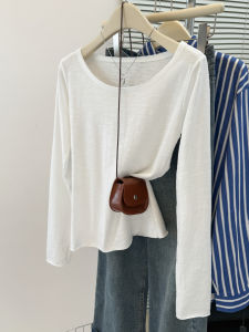 Womens Long Sleeve T-Shirt Bamboo Cotton Cuffed Neckline U-Neck Slim Fit Korean Style Base Shirt White Top Commute Style