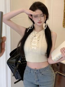 American Knitted Short Vest Women Summer Outerwear Inner Match Slim Sleeveless Pure Desire Wind Tie Girl Hot Top Trendy
